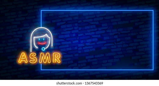 Neon Autonomous sensory meridian response, ASMR logo or icon. Microphone and heart shaped earphones, as a symbol of enjoying sounds, whisper or music. Vector illustration neon style