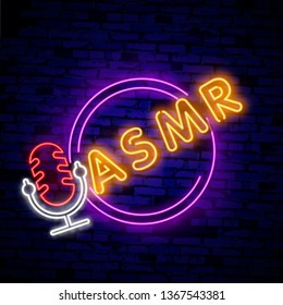 Neon Autonomous sensory meridian response, ASMR logo or icon. Microphone and heart shaped earphones, as a symbol of enjoying sounds, whisper or music. Vector illustration neon style