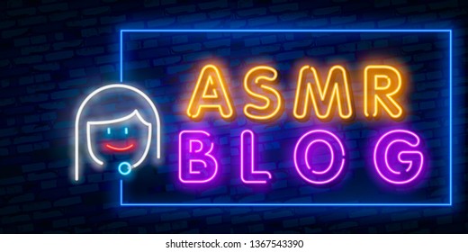 Neon Autonomous sensory meridian response, ASMR logo or icon. Microphone and heart shaped earphones, as a symbol of enjoying sounds, whisper or music. Vector illustration neon style