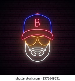 Neon avatar of man with baseball cap, wearing glasses and hat. Mens icon. Vector illustration.