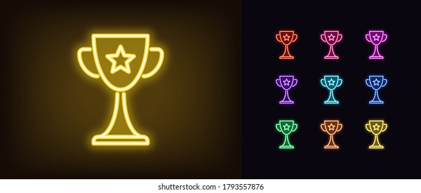 Neon award cup icon. Glowing neon goblet sign, set of trophy in vivid colors. Winner, esports event, gaming reward, cyber sport achievement. Icon set, sign, symbol for UI. Vector illustration