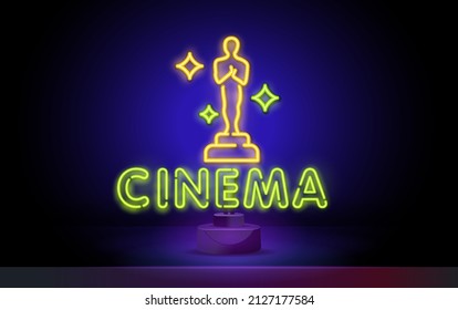 Neon premia a icono de estatuilla. Ganancia de neón brillante con estrella, trofeo en colores vivos. Premio de la Academia, festival de música, premio de cine, logro del ganador.