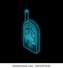 Neon baby monitor glowing blue on black background, isometric view, childcare and parenting concept