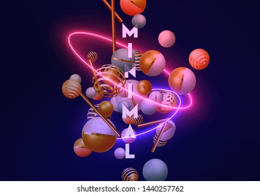 Neon backdrop. Background with 3d realistic spheres. Gold and black and white balls. Trendy minimal design.