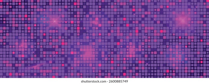 Neon backdrop of a discotheque or nightclub. Brilliant shining dance floor. Vector background for mirror disco ball in pink and purple colour. Tile on the wall