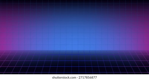 Fondo de neón en estilo de los años 80, ilustración de rejilla láser con piso y puerta blanca brillante. Interior Abstractas del club de discoteca con Star Sky, Plantilla de póster para vaporwave, estilo de música synthwave.