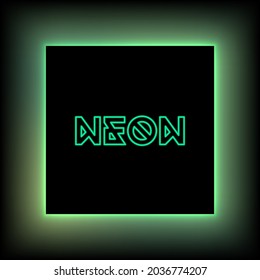 Neon background with black square in the center and text. Shiny green neon light frame. Vector design template