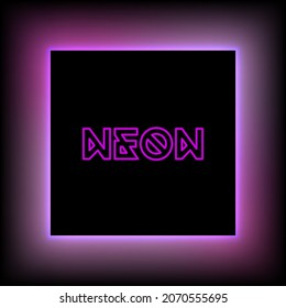 Neon background with black square in the center and text. Shiny violet neon light frame. Vector design template