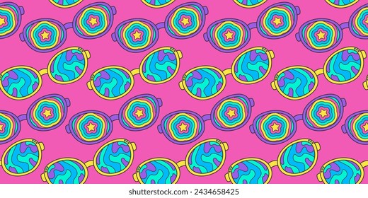 Neon background, bright seamless pattern, vector stickers on a pink background. Retro hippie sunglasses with 70s style print, waves and stars.