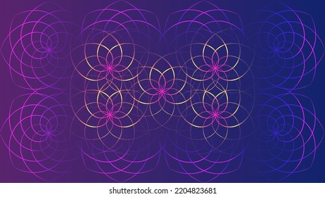 Neon background - geometric iridescent flowers from crimson to yellow with blue and lilac, computer wallpaper and much more