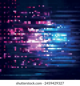  Neon background with pixel glitches and flickers. futuristic geometric cyberspace. Hi-tech concept. Vector colorful pixel effect background.