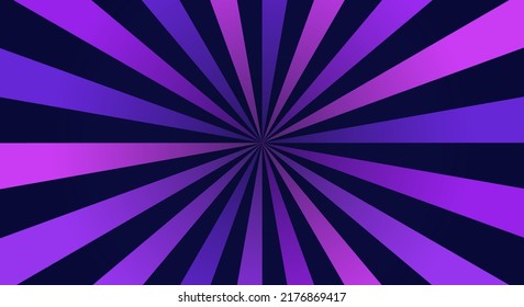 Neon background with rays or stripes in the center. Sunburst or sun burst retro background. Star burst abstract backdrop. Neon colors. Sunbeam neon backdrop. Purple rays. Vector illustration