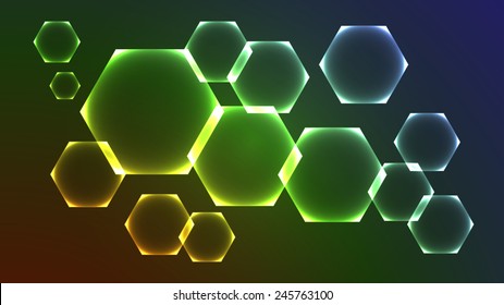 Neon background neon screensaver neon light (glowing bright neon hexagons on a dark background).
