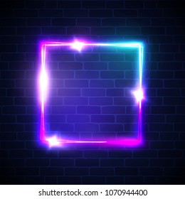Neon background. Square frame with glowing and light. Electric bright 3d rectangle banner design on brick wall background. Abstract sign with neon colors, flares, sparkles. Vintage vector illustration