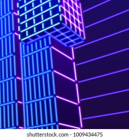 Neon background with ultraviolet glowing grid of 80s styled blue and purple landscape or laser structures in abstract 80s gaming neon graphics