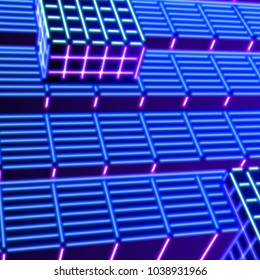 Neon background with ultraviolet glowing grid of 80s styled blue and purple landscape or laser structures in abstract 80s gaming neon graphics