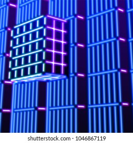 Neon background with ultraviolet glowing grid of 80s styled blue and purple landscape or laser structures in abstract 80s gaming neon graphics