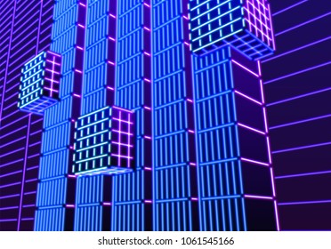 Neon background with ultraviolet glowing grid of 80s styled blue and purple landscape or laser structures in abstract 80s gaming neon graphics