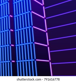 Neon background with ultraviolet glowing grid of 80s styled blue and purple landscape or laser structures in abstract 80s gaming neon graphics