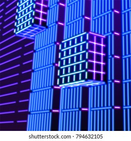 Neon background with ultraviolet glowing grid of 80s styled blue and purple landscape or laser structures in abstract 80s gaming neon graphics