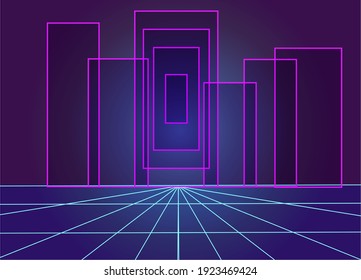 Ilustración vectorial de fondo neón. Ciudad cibernética futurista. Diseño plano