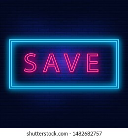 Neon backlight lettering save. Bright is the save button. Modern vector logo, banner, shield, lettering picture save. Night advertising on the background of a brick wall.