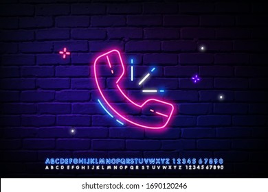 Neon backlight phone tube. Bright is a phone call. Modern vector logo, banner, shield, picture, tube. Night advertising on the background of a brick wall. Vector illustration. Sign.