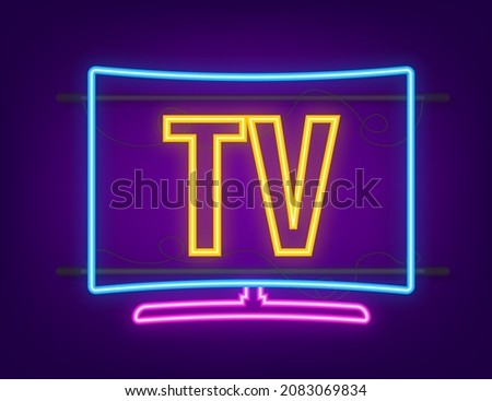 Neon backlight tv. LCD TV. Television sign. Smart device. Vector stock illustration