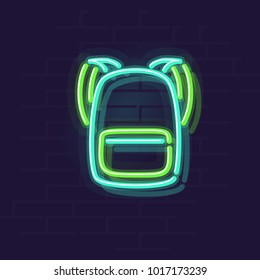 Neon backpack. Back to school, traveling, one bag carry-on luggage Isolated line art style illustration on brick wall background.