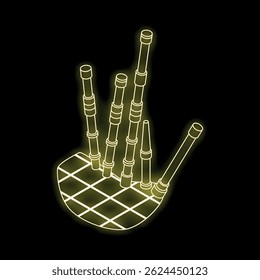 Neon bagpipes glowing, creating the image of the popular scottish musical instrument