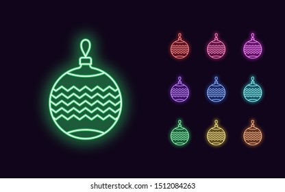 Neon Ball toy, Christmas and New Year decoration. Colorful festive Set of Neon Christmas ball with pattern, outline style. Glowing icon, sign and symbol for Holiday design. Vector illustration kit