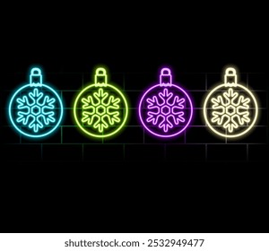 Neon Ball toy, Christmas and New Year decoration. Colorful festive Set of Neon Christmas ball with snowflake, outline style. Glowing icon, sign and symbol for Holiday design. Vector illustration kit.g