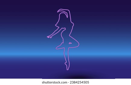 Neon ballerina symbol on a gradient blue background. The isolated symbol is located in the bottom center. Gradient blue with light blue skyline