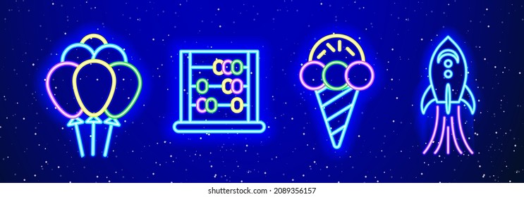 Neon balloon, ice cream, abacus and spacecraft linear kids set. Colorful game set. Blue, pink and yellow game design. Modern linear glow neon.