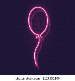 Neon Balloon. Night Illuminated Wall Street Sign. Isolated Geometric Style Illustration On Brick Wall Background.