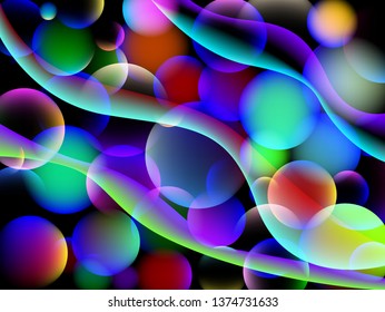 Neon balls on black. Abstract background with color circles. Glowing lights on a dark background. Vector illustration of neon bubbles patterns.