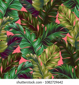 Neon banana leaves pattern. Seamless vector design for wallpaper, fashion, swimwear. Dark green palm leaves on neon pink background. 