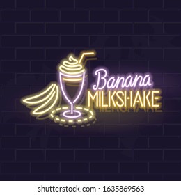 Neon banana milkshake typography and icon. Vector isolated neon illustration for any dark background. Fluorescent line art icon for menu, logo, poster, social network post.