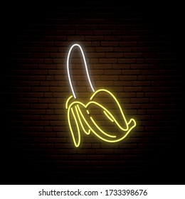 Neon banana sign. Bright glowing banana fruit icon on dark brick wall background. Stock vector illustration.