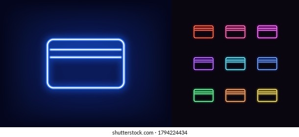 Icono de la tarjeta de banco Neon. Signo de tarjeta de crédito de neón brillante, banca en línea en colores vivos. Tarjeta virtual, compra de internet, transferencia de dinero. Conjunto de iconos, signo, símbolo luminoso para el diseño de la interfaz de usuario. Ilustración del vector