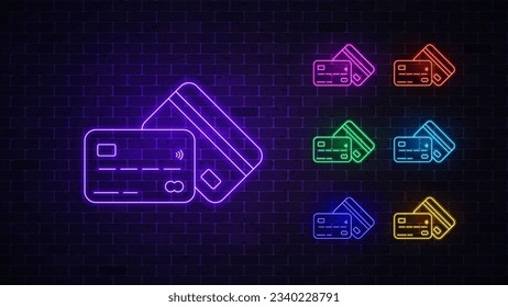 Juego de iconos de la tarjeta de banco Neon. Signo de métodos de pago. Ilustración del vector