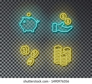 Neon Banking Signs Vector Isolated On Brick Wall. Piggy, Bank, Money, Coin Light Symbol, Decoration Effect. Neon Finance Illustration.