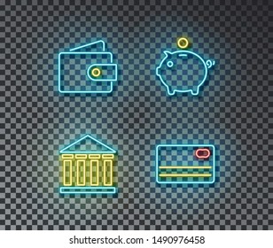 Neon banking signs vector isolated on brick wall. Wallet, bank piggy, card light symbol, decoration effect. Neon finance illustration.