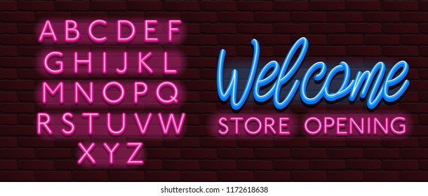 Neon Banner alphabet font bricks wall welcome