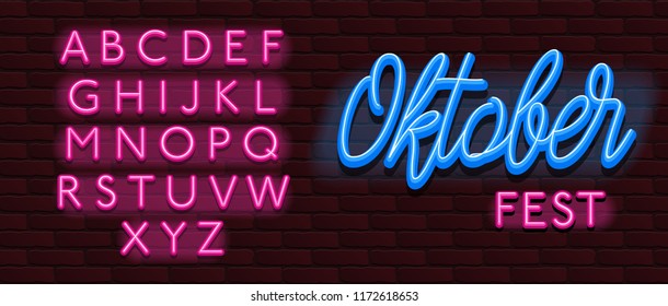 Neon Banner alphabet font bricks wall oktoberfest