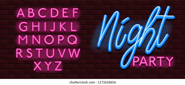 Neon Banner alphabet font bricks wall night party