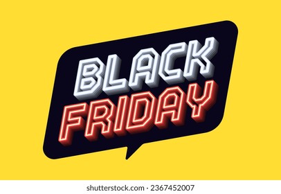 Neon banner of Black Friday Sale. Outline neon italic text Black Friday with inclined bubble frame. White red text tag template for social media banners and digital ad. Vector illustration