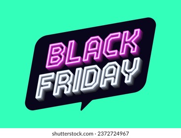 Neon banner of Black Friday Sale. Outline neon italic text Black Friday with inclined bubble frame. Purple white text tag template for social media banners and digital ad. Vector illustration