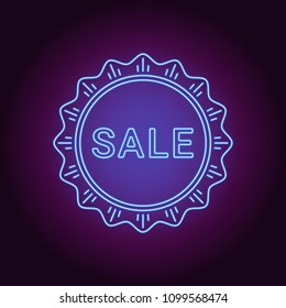 Neon banner of blue Sale badge. Vector illustration of blue Neon Sale Offer consisting of neon outlines and starburst frame, with backlight on the dark background