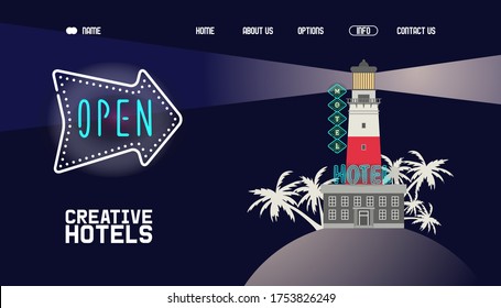 Neon banner, creative hotel open for visitors at night vector illustration. Motel building in lighthouse on coast with bright sign to attract customers. Ray light from top, palm trees.